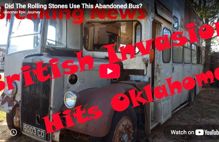Vintage British double-decker tour bus at Muscle Car Ranch in Chickasha Oklahoma