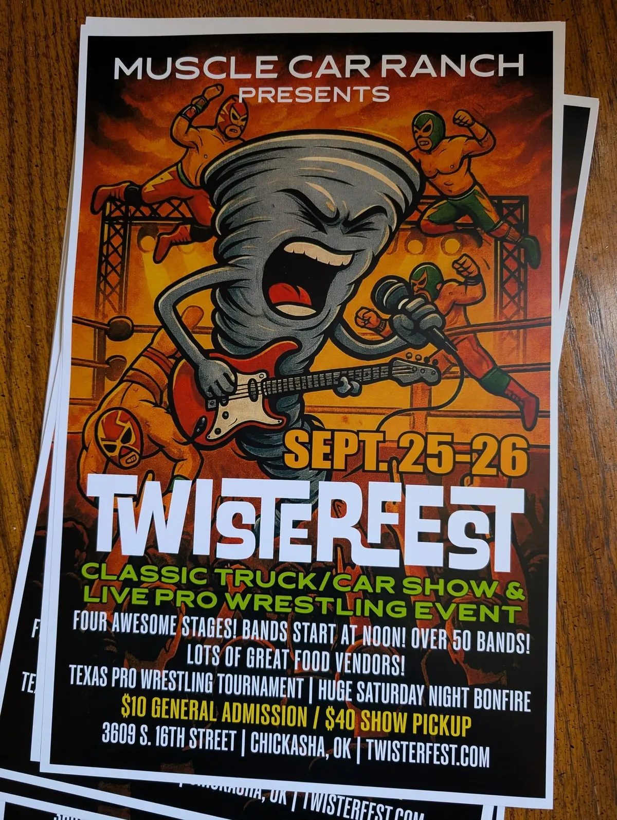 TwisterFest 2026 orange tornado event flyer for September 25 and 26 at Muscle Car Ranch in Chickasha, Oklahoma