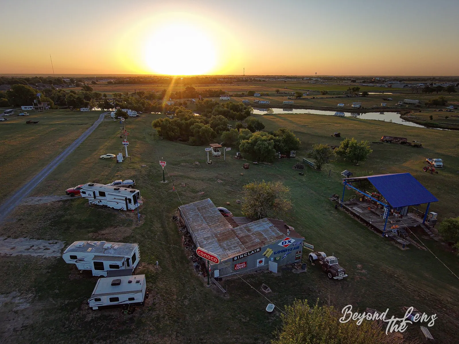 Aerial sunset view of the TwisterFest camping and festival grounds at Muscle Car Ranch