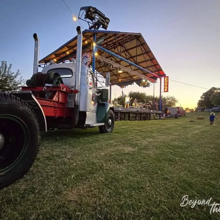 Classic truck beside the live music stage at TwisterFest in Chickasha, Oklahoma