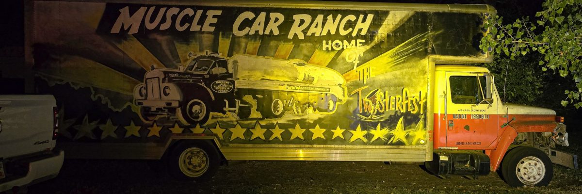 Box truck mural painted with Muscle Car Ranch and TwisterFest branding
