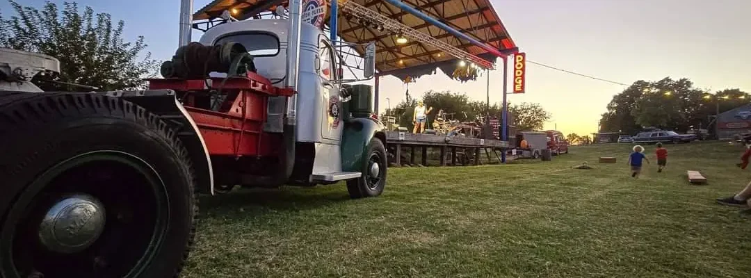 Classic truck beside the live music stage at TwisterFest in Chickasha, Oklahoma