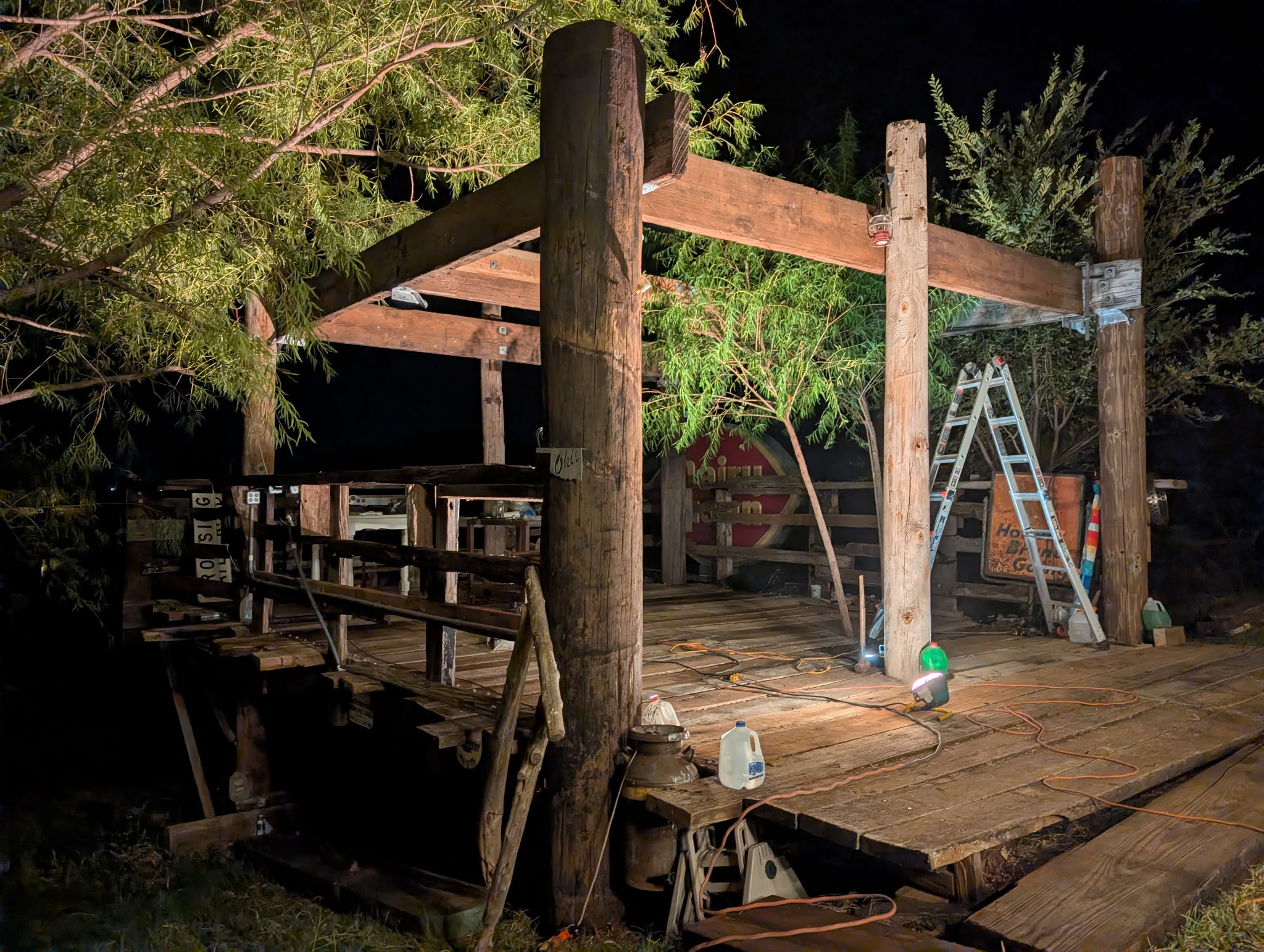 Massive 4-by-16, 20-foot wood timbers forming the Heavy Chevy Stage at Muscle Car Ranch