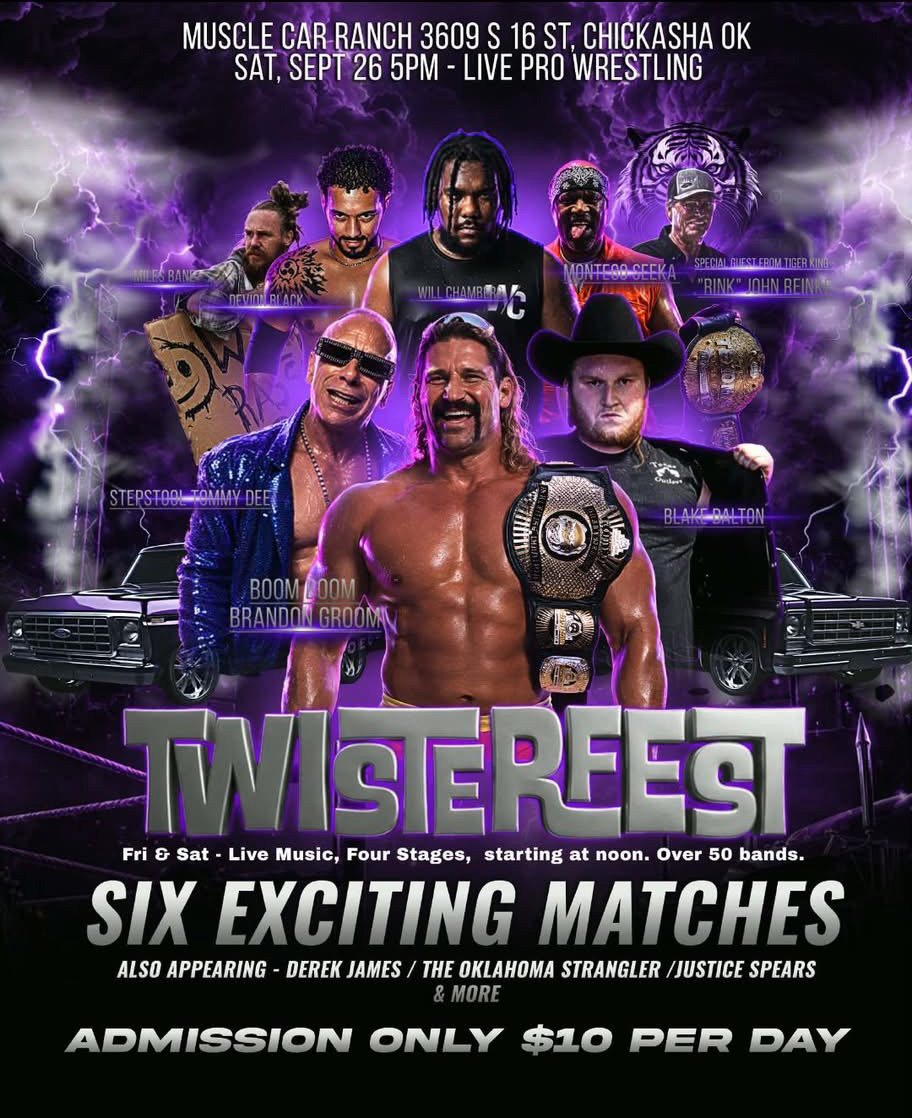 TwisterFest 2026 live pro wrestling flyer for Texas Championship Pro Wrestling at Muscle Car Ranch