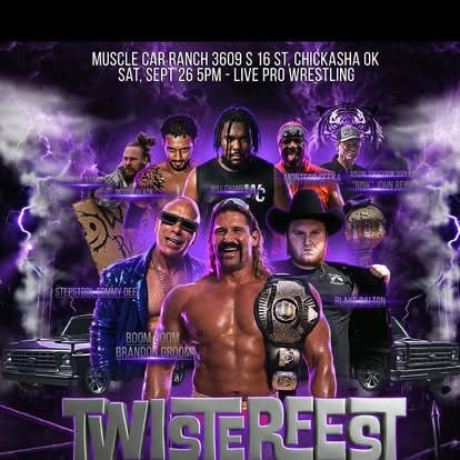 TwisterFest 2026 live pro wrestling poster featuring the Saturday card at Muscle Car Ranch in Chickasha, Oklahoma